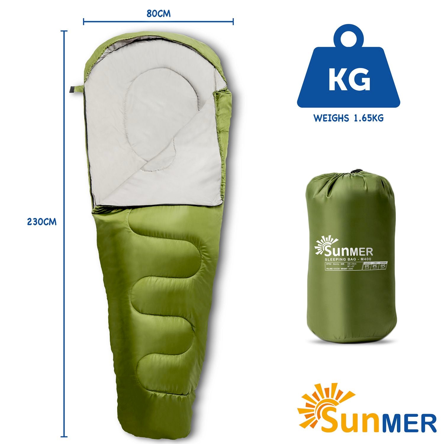 SUNMER 4 Season Mummy Sleeping Bag 400 gsm Extra Warm - Green