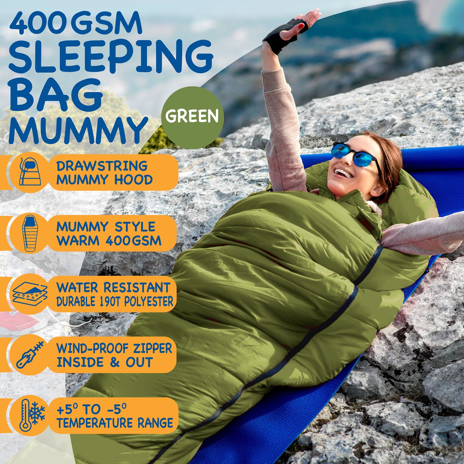 SUNMER 4 Season Mummy Sleeping Bag 400 gsm Extra Warm - Green