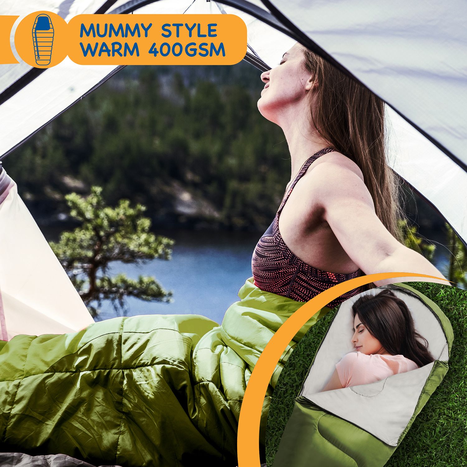 SUNMER 4 Season Mummy Sleeping Bag 400 gsm Extra Warm - Green