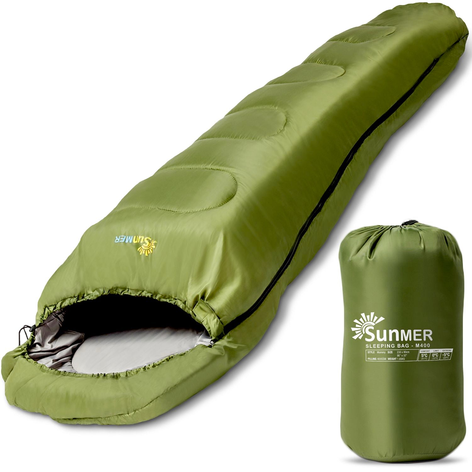 SUNMER 4 Season Mummy Sleeping Bag 400 gsm Extra Warm - Green