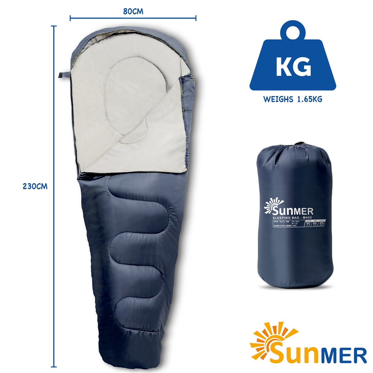 SUNMER 4 Season Mummy Sleeping Bag 400 gsm Extra Warm - Navy