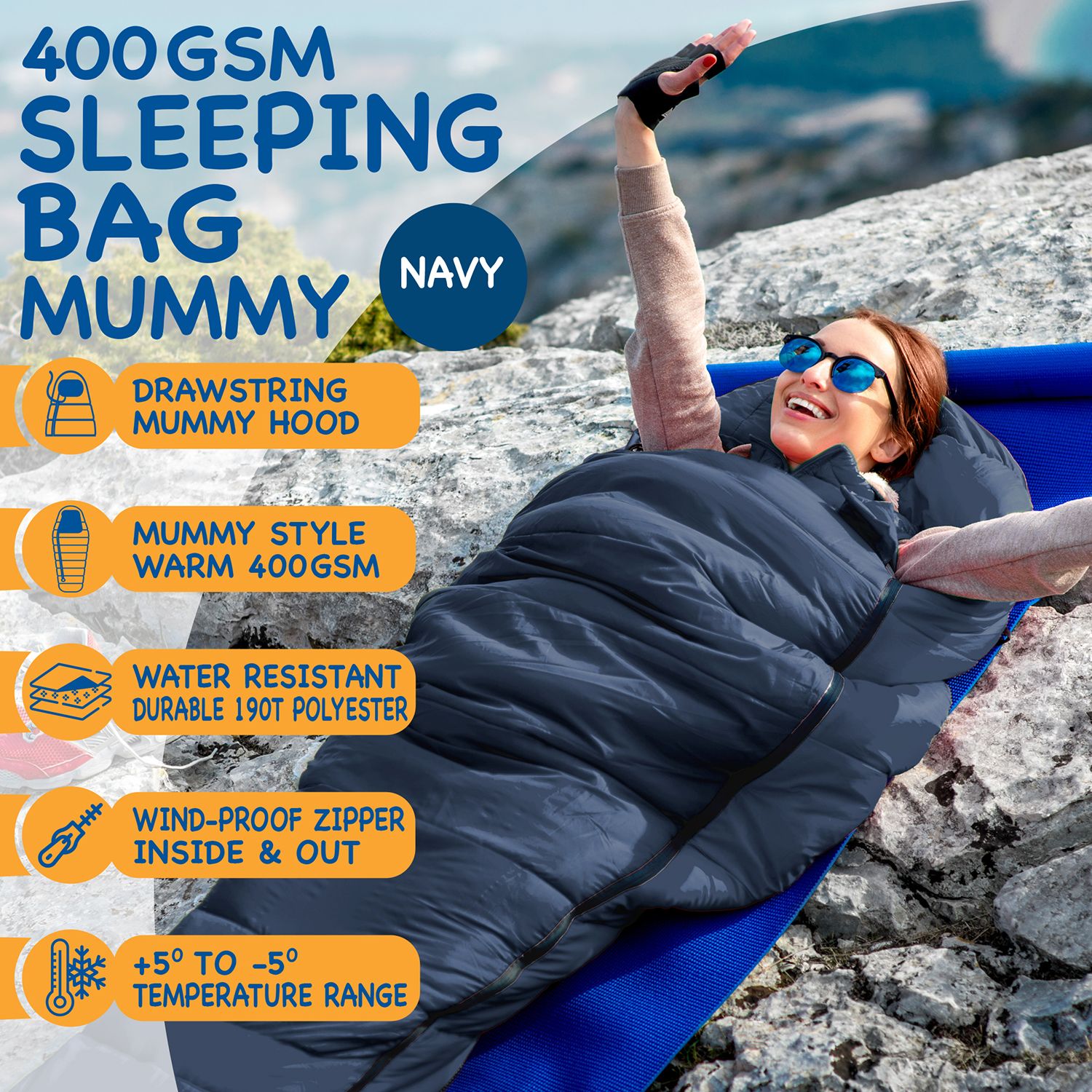 SUNMER 4 Season Mummy Sleeping Bag 400 gsm Extra Warm - Navy