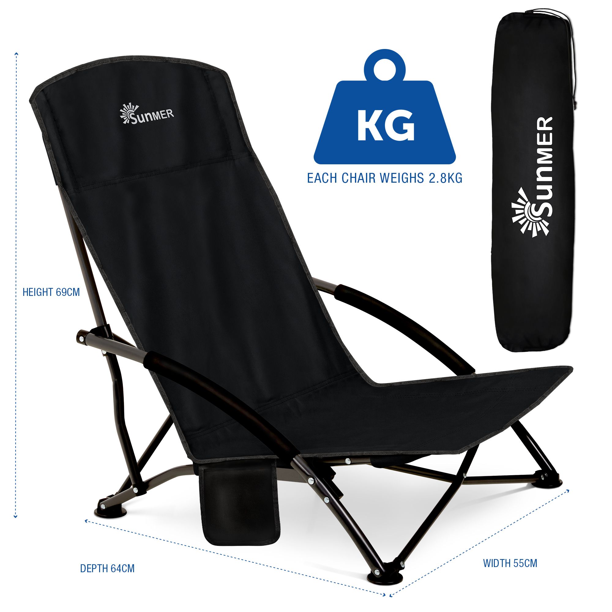 SUNMER Set of 2 Folding Beach Chair with Side Pocket & Carry Bag - Black