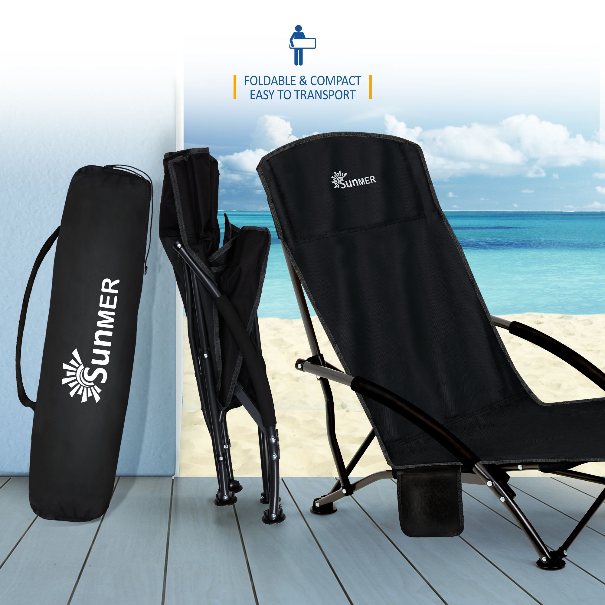 SUNMER Set of 2 Folding Beach Chair with Side Pocket & Carry Bag - Black