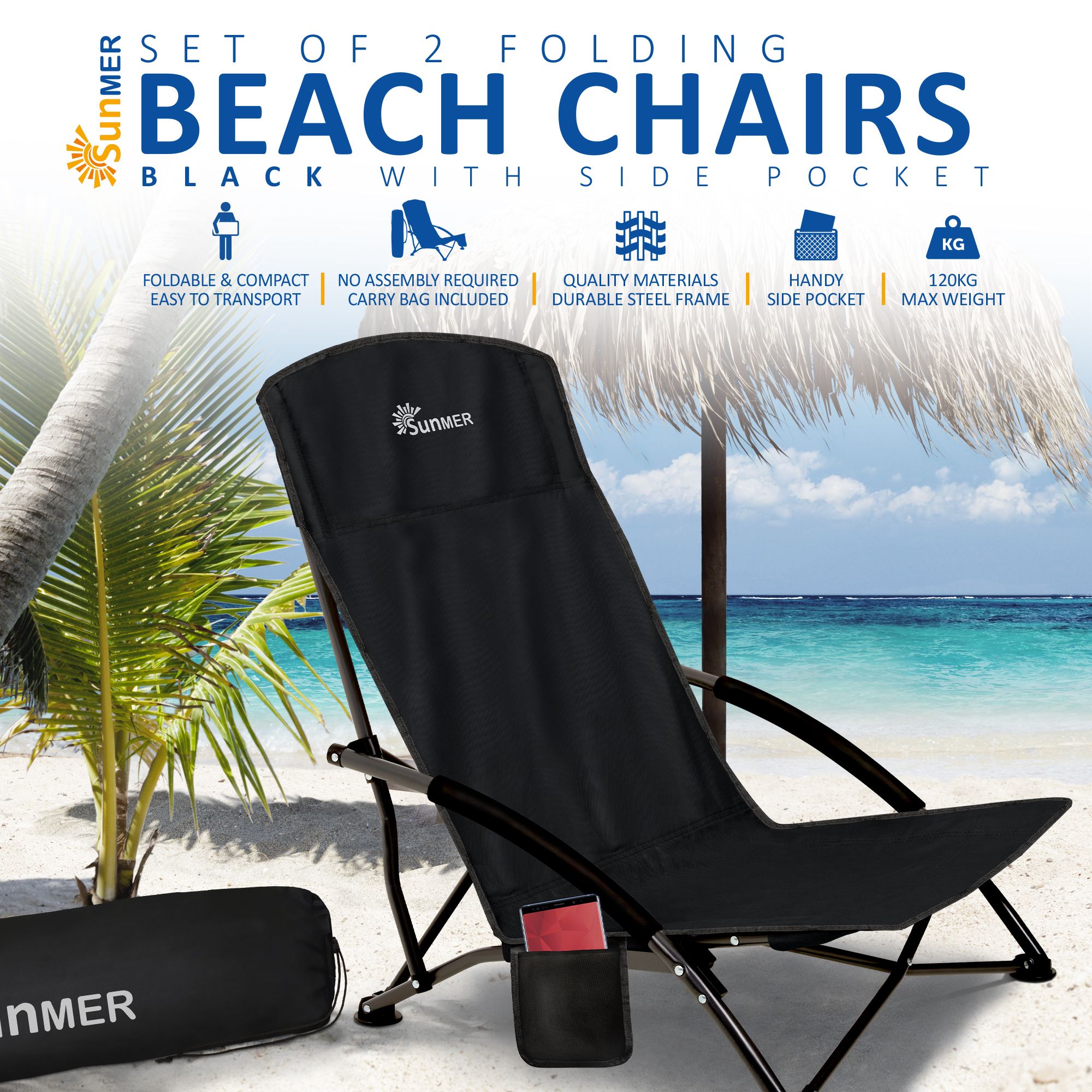 SUNMER Set of 2 Folding Beach Chair with Side Pocket & Carry Bag - Black