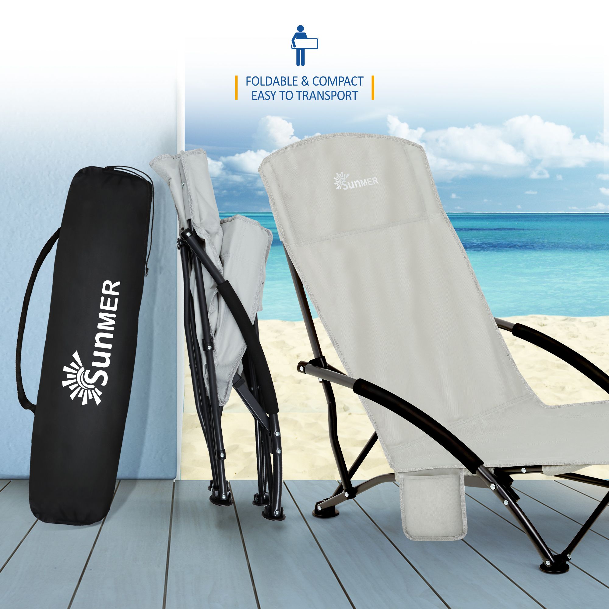 SUNMER Set of 2 Folding Beach Chair with Side Pocket & Carry Bag - Grey