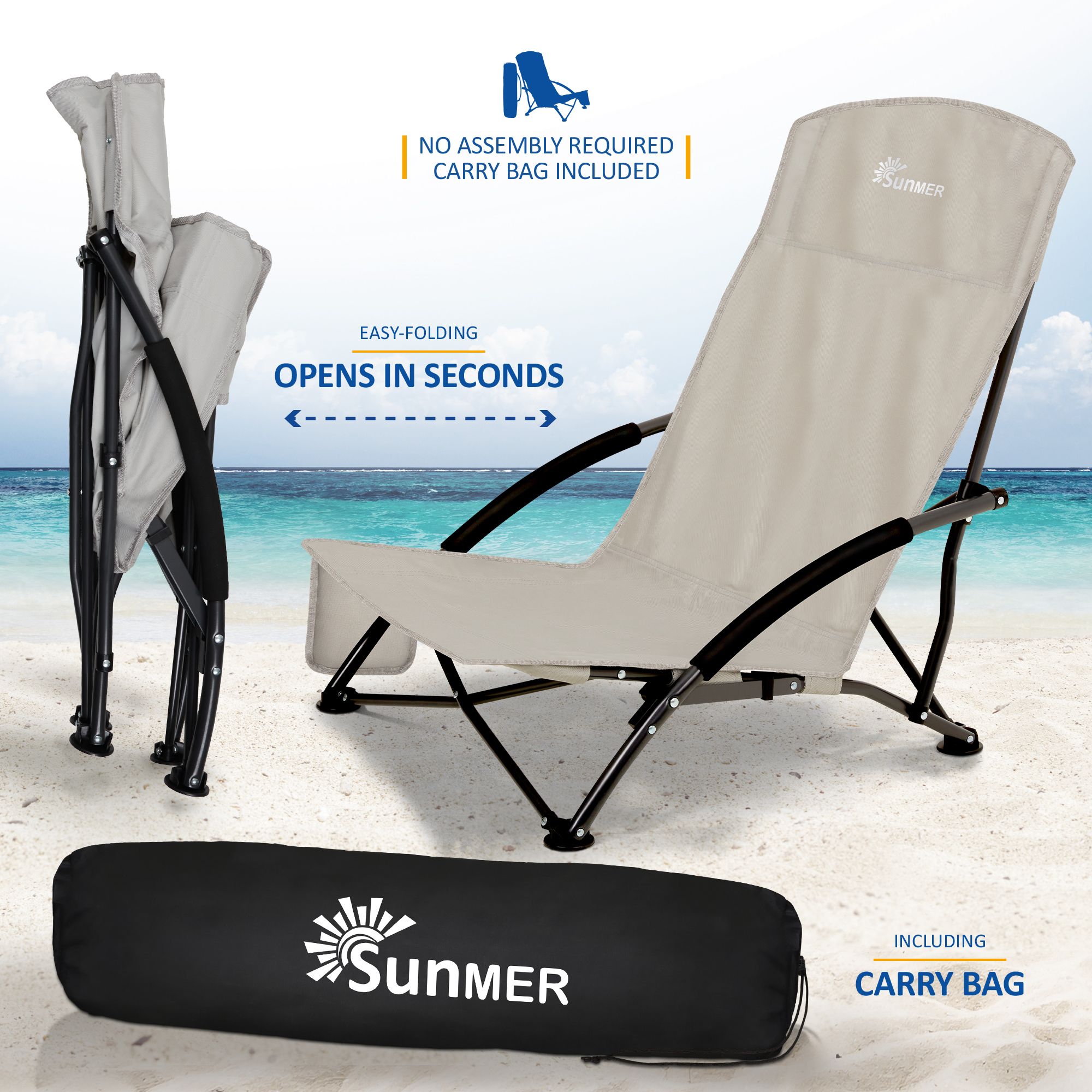 SUNMER Set of 2 Folding Beach Chair with Side Pocket & Carry Bag - Grey