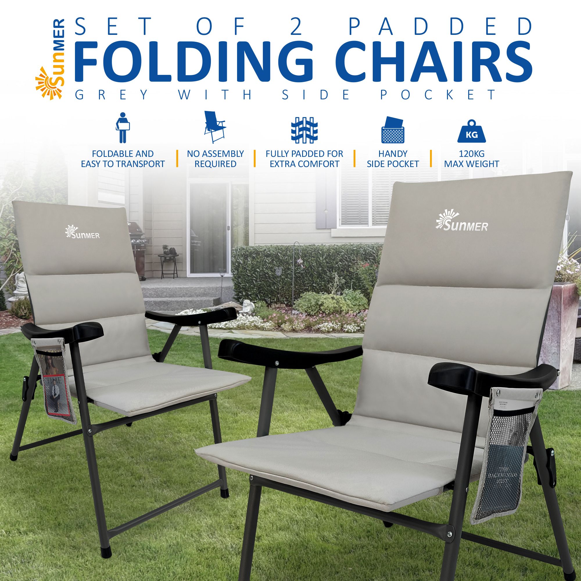 SUNMER Set of 2 Padded Folding Garden Chairs with Side Pocket - Grey