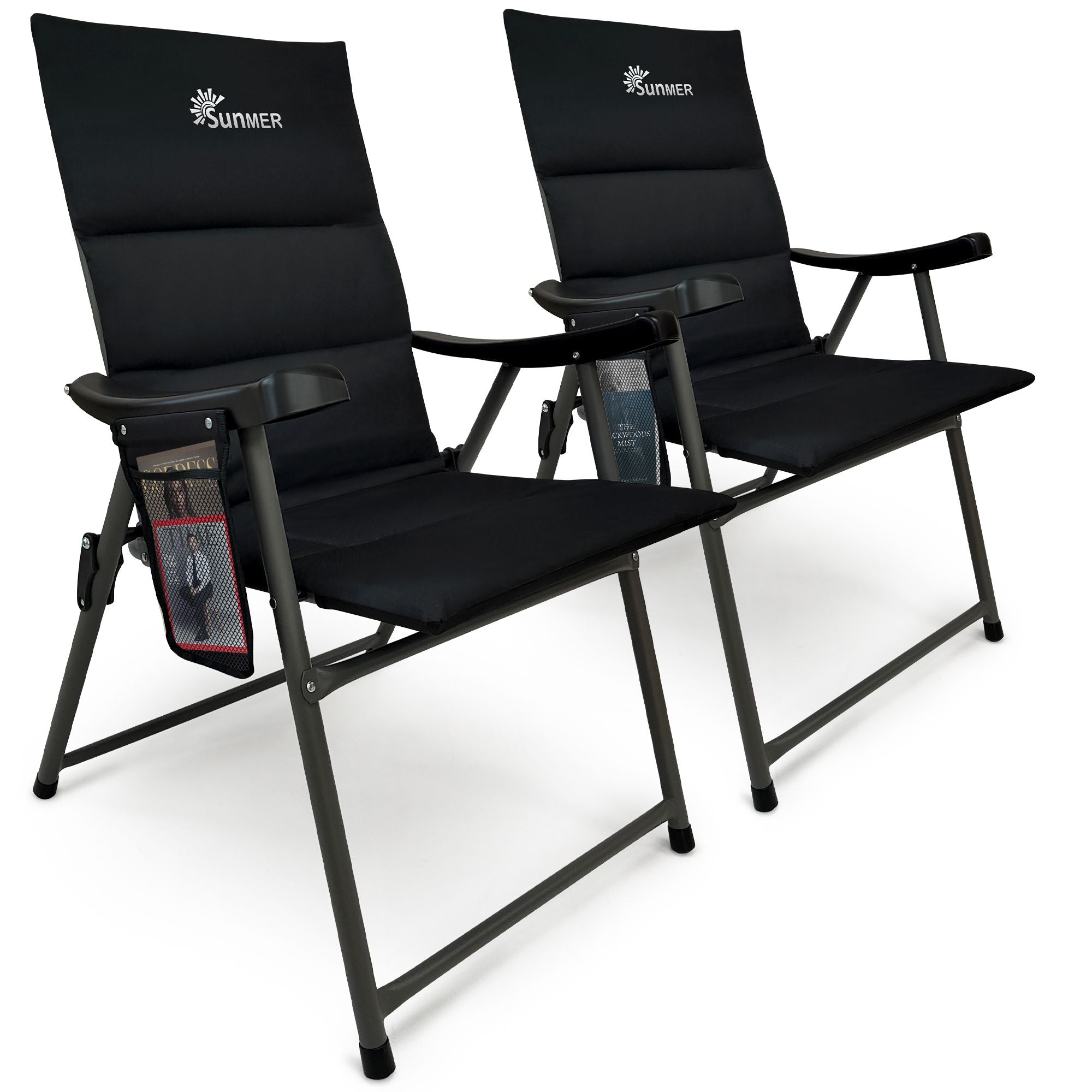 SUNMER Set of 2 Padded Folding Garden Chairs with Side Pocket - Black