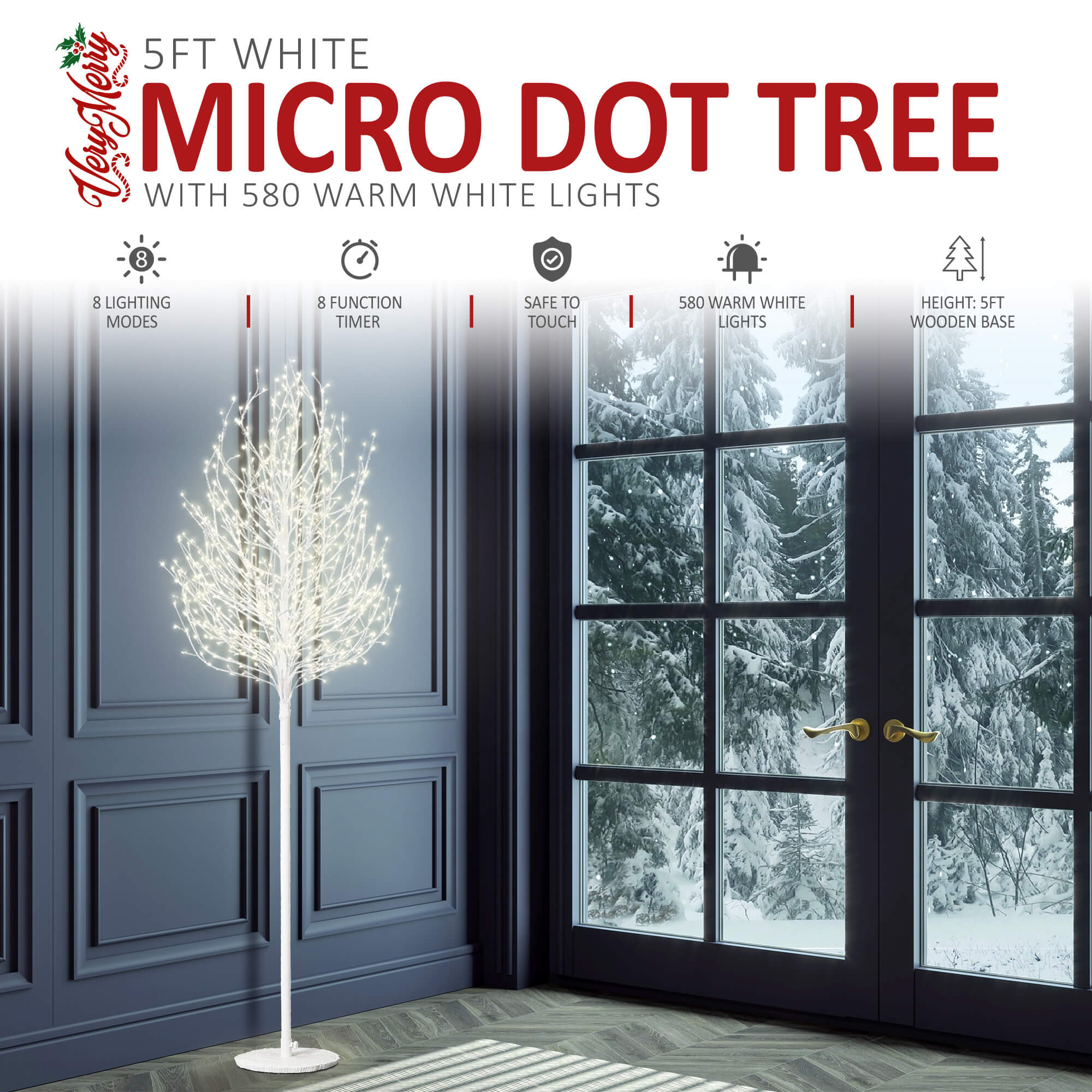 VeryMerry 5FT Micro Dot Birch Pre-Lit Christmas Tree with 580 LED Warm White Lights - White