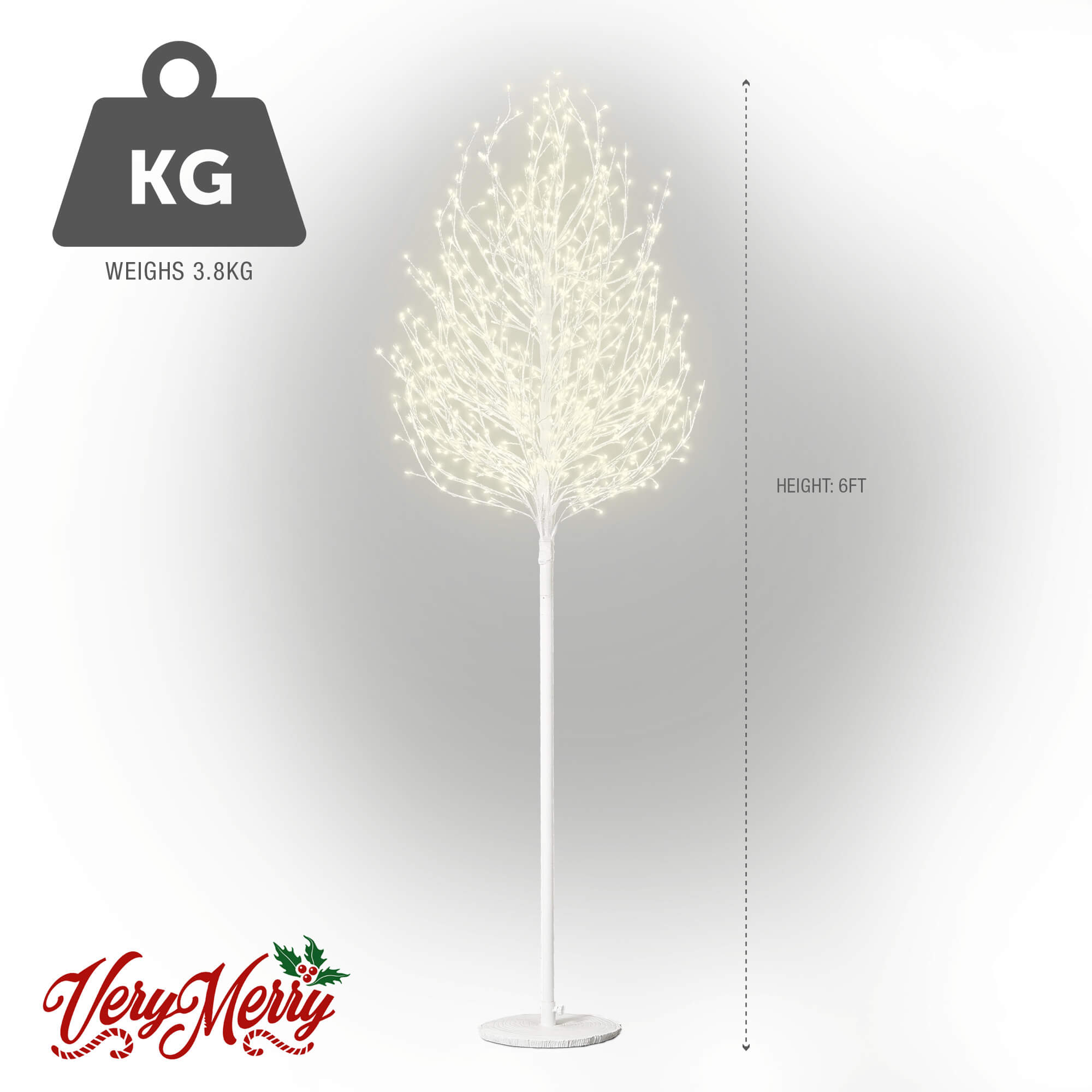 VeryMerry 6FT Micro Dot Birch Pre-Lit Christmas Tree with 900 LED Warm White Lights - White