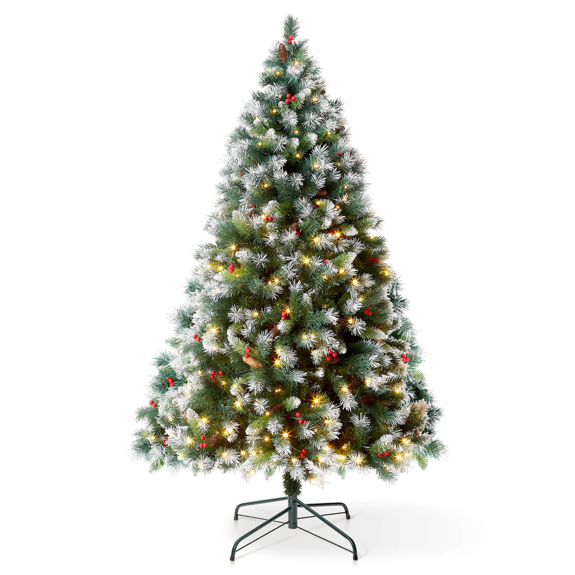 VeryMerry 7FT 'Claudia' Pre-Lit Christmas Tree with 400 Built-In Warm White LED Lights with Auto-Off Timer, 8 Lighting Modes, Decorative Pinecones and Berries